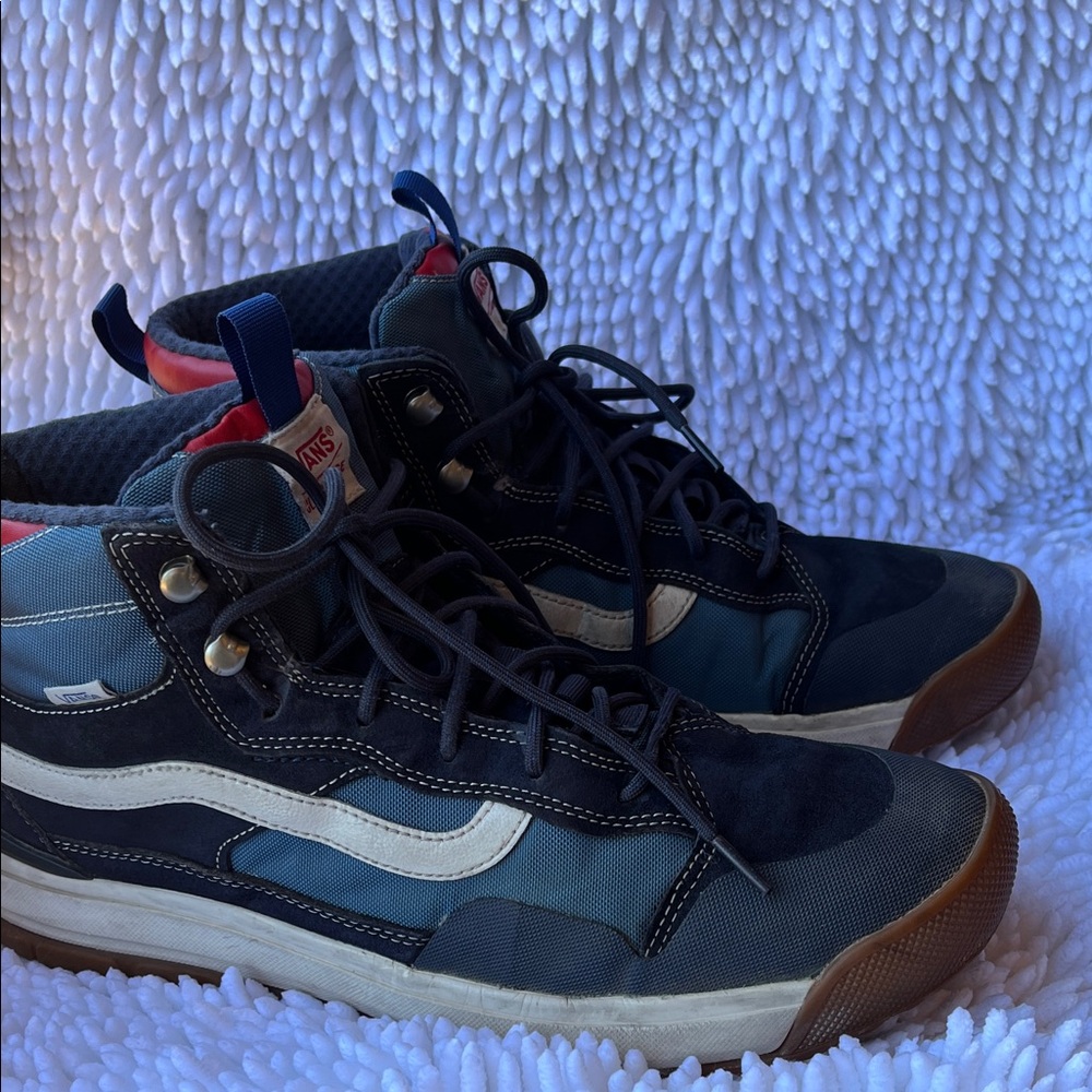 Vans High-Top Sneakers in Navy, Black and Red Accents